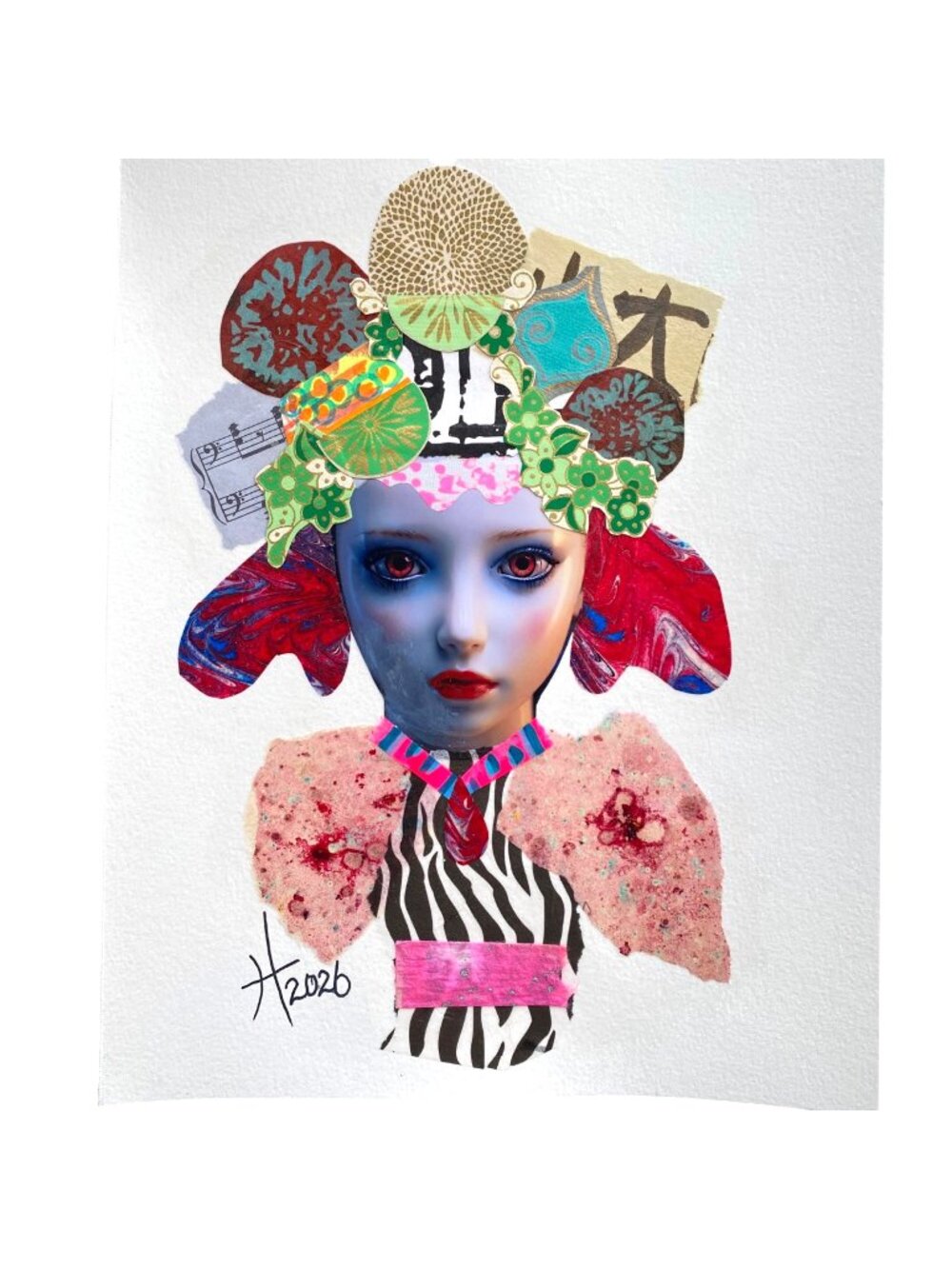 Claudette Original Art Collage Portrait Painting 11x14in Matted Frame Ready